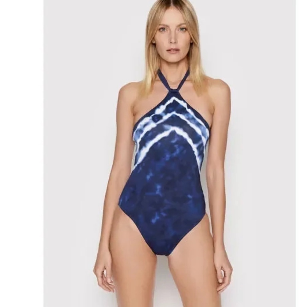 LAUREN Ralph Lauren Shoreline Stripe High Neck One Piece Swimsuit Size 4 NWT